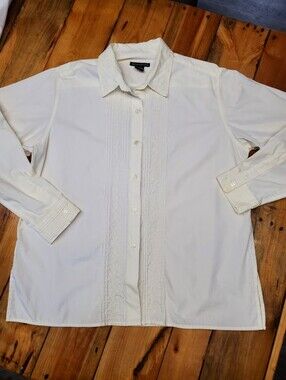 Impressions Ivory Cream Pintuck Embroidered Blouse Long Sleeve Button Down 18